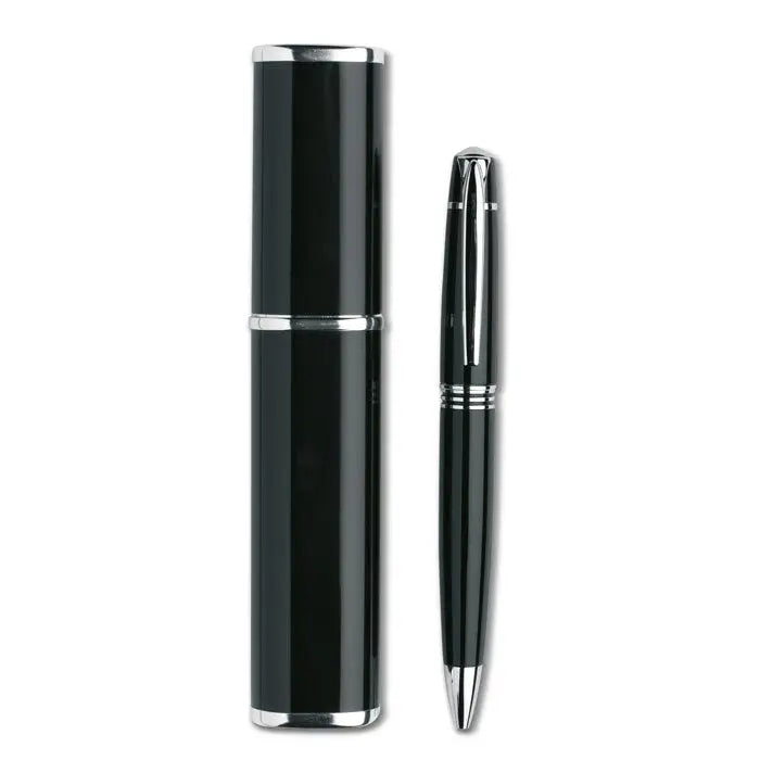 Pix cu bile de metal black pen negru cu accente argintii si toc cilindric metalic asortat