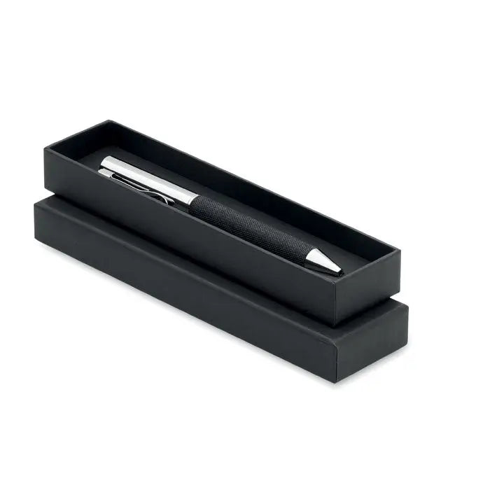 Pix cu bile din metal negru cu clips si varf argintiu in cutie eleganta neagra pentru cadou
