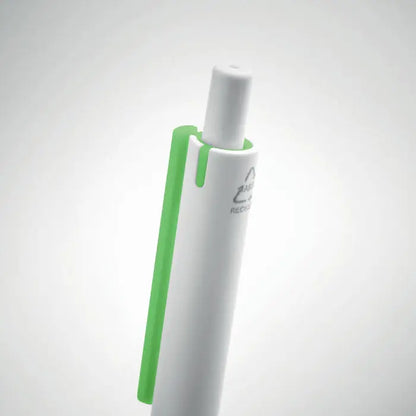 Pix cu buton din plastic ABS reciclat alb și verde cu design minimalist și clip lime verde aprins