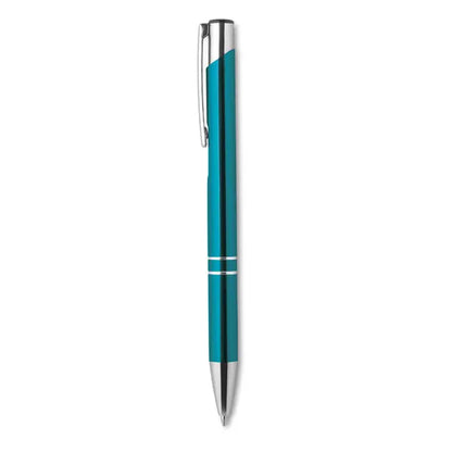 Pix cu buton cu cerneala neagra cu design modern, corp metalic teal si argintiu, stilou cu bila pentru scris fin