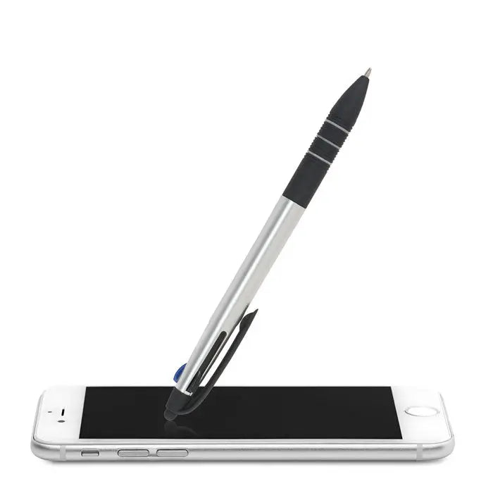 Pix cu cerneala in 3 culori cu stilou argintiu si negru cu prindere texturata asezat oblic pe un smartphone
