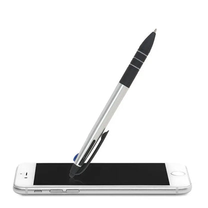 Pix cu cerneala in 3 culori cu stilou argintiu si negru cu prindere texturata asezat oblic pe un smartphone