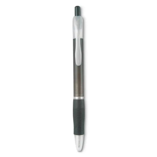 Pix cu maner din cauciuc negru si transparent cu pix retractabil si grip texturat pentru scris confortabil
