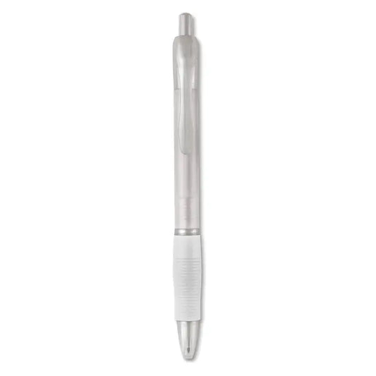 Pix cu maner din cauciuc transparent cu grip alb si accente argintii ideal pentru scris zilnic