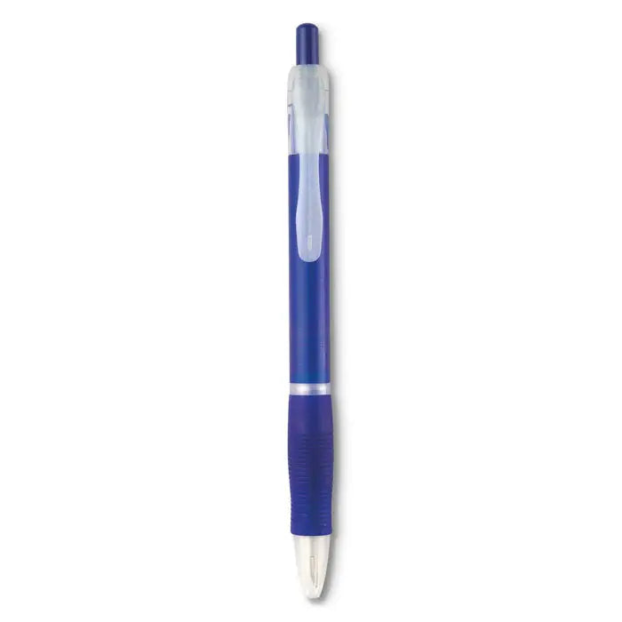 Pix cu maner din cauciuc albastru, pix cu grip texturat si clips transparent din plastic