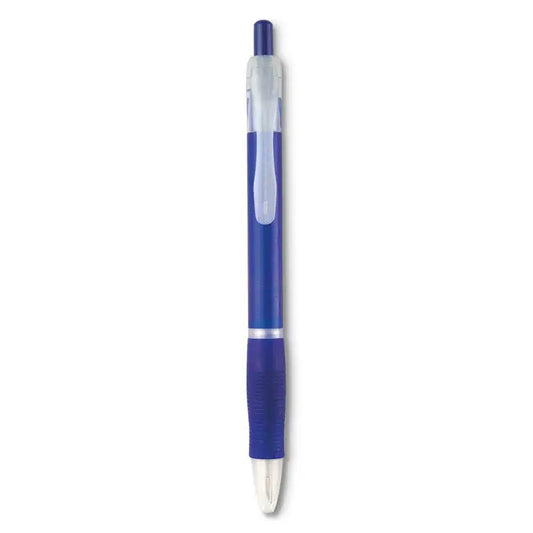 Pix cu maner din cauciuc albastru, pix cu grip texturat si clips transparent din plastic