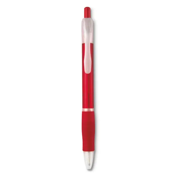 Pix cu maner din cauciuc rosu transparent cu grip si capac albe din plastic pentru scris fin