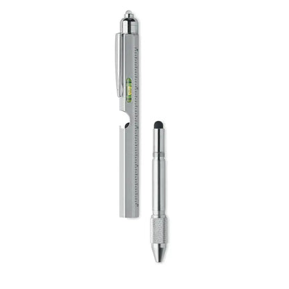 Pix cu nivel de spirit argintiu multifunctional cu rigla texturat si varf retractabil tip stylus