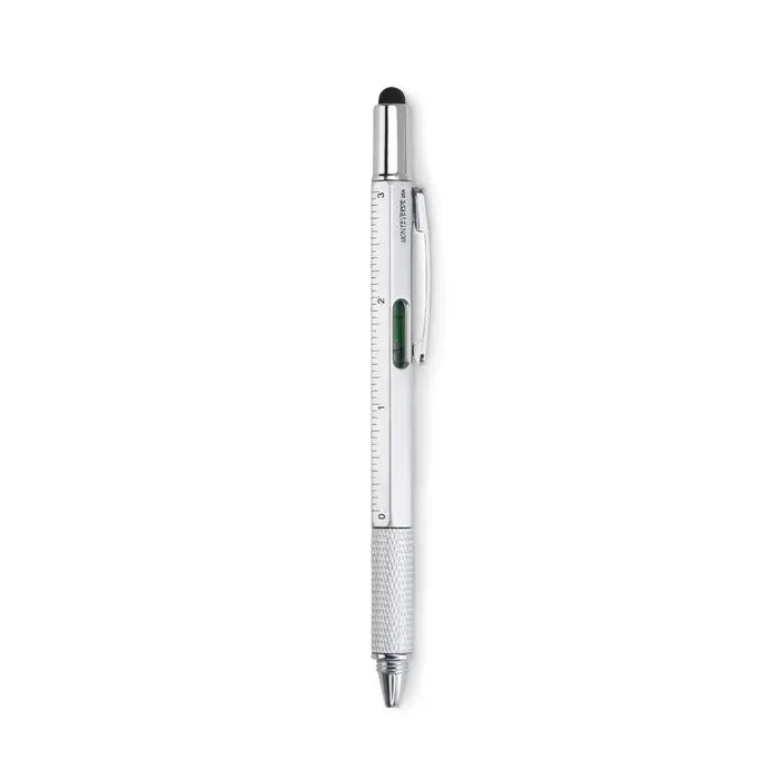 Pix cu nivel de spirit argintiu multifunctional cu grip texturat, rigla si varf stylus integrat