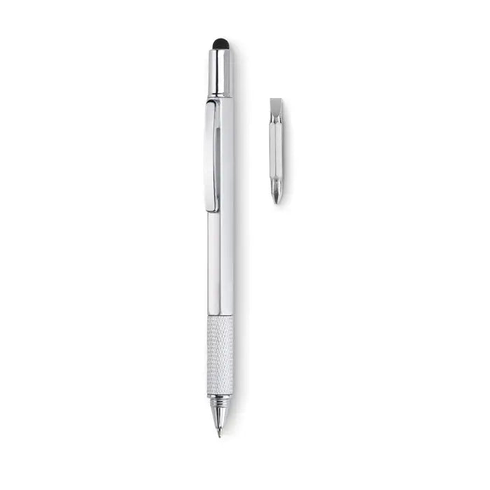 Pix cu nivel de spirit argintiu multifunctional din metal cu grip texturat si varf surubelnita detasabil
