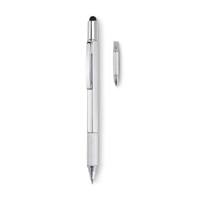 Pix cu nivel de spirit argintiu multifunctional din metal cu grip texturat si varf surubelnita detasabil