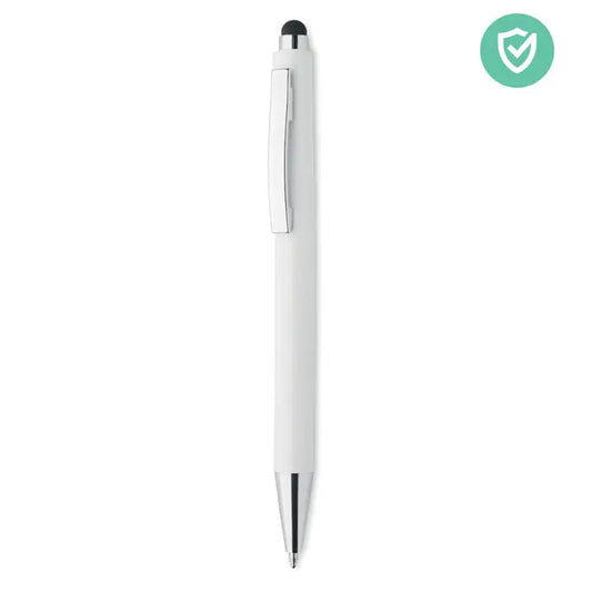 Pix cu stilou antibacterian alb cu design minimalist si accente metalice argintii pe clips si varf
