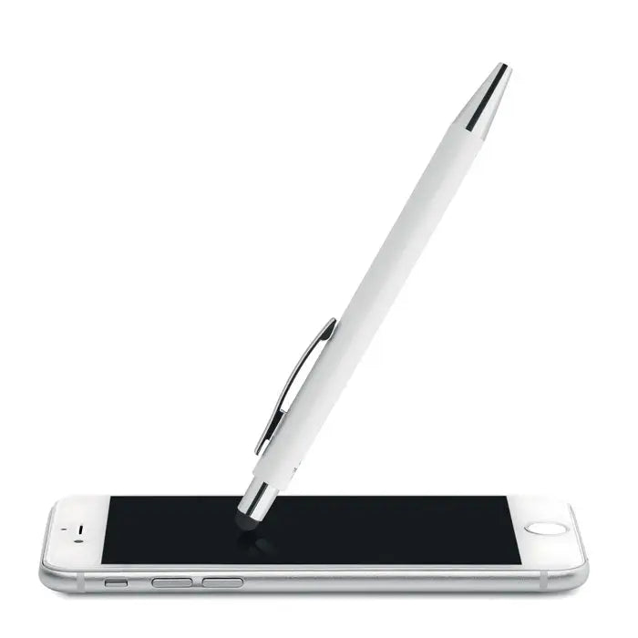Pix cu stilou antibacterian alb cu clip si varf metalic argintiu asezat diagonal pe un smartphone