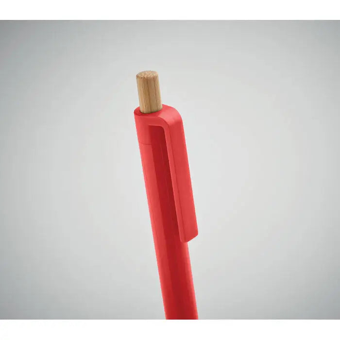 Pix din abs reciclat roșu cu capac lemnos deschis un pix din plastic reciclabil cu design simplu și elegant