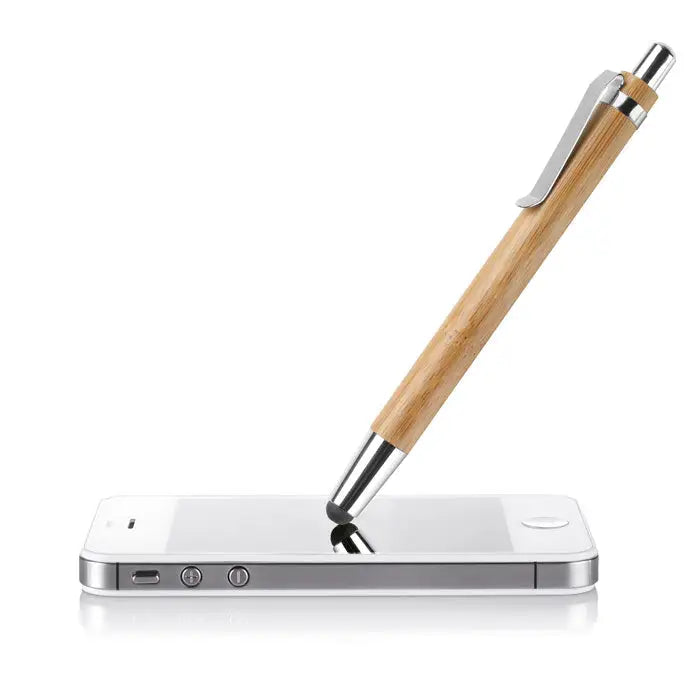 Pix din abs si bambus un stilou elegant finisat cu bambus si accente metalice argintii pe marginea unui smartphone alb