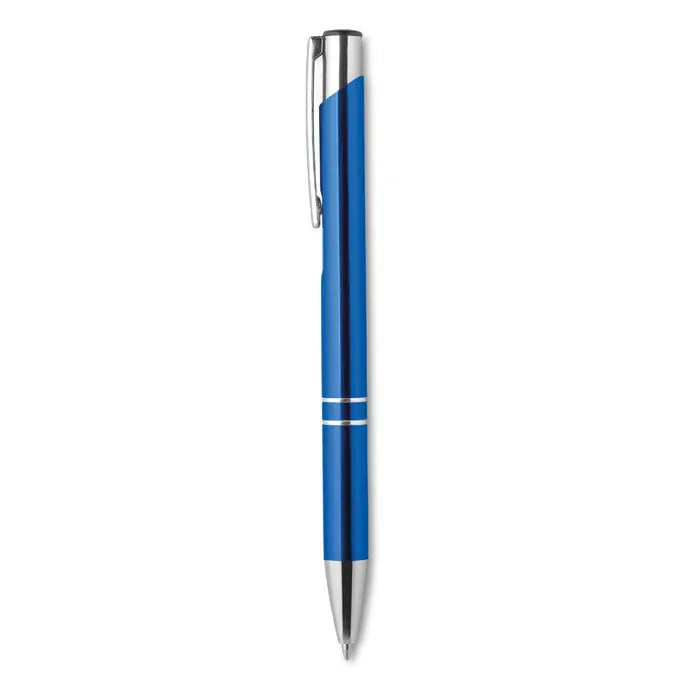 Pix din aluminiu albastru metalic cu buton si accente argintii pentru scris elegant si durabil