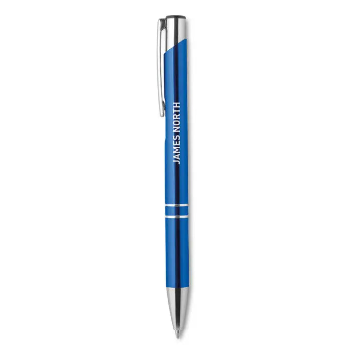 Pix din aluminiu albastru metalic cu buton si accente argintii, personalizat cu textul james north pe corp