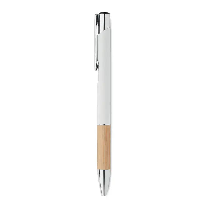 Pix din aluminiu cu buton alb si argintiu cu sectiune ergonomica din bambus pentru scris elegant