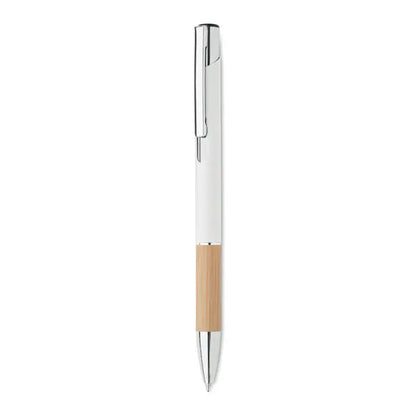 Pix din aluminiu cu buton alb si argintiu cu grip din lemn natural pentru scris elegant