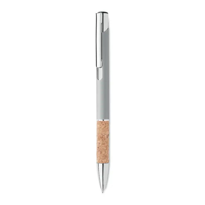 Pix din aluminiu argintiu cu grip de plută texturat și accente metalice lustruite pentru scris elegant