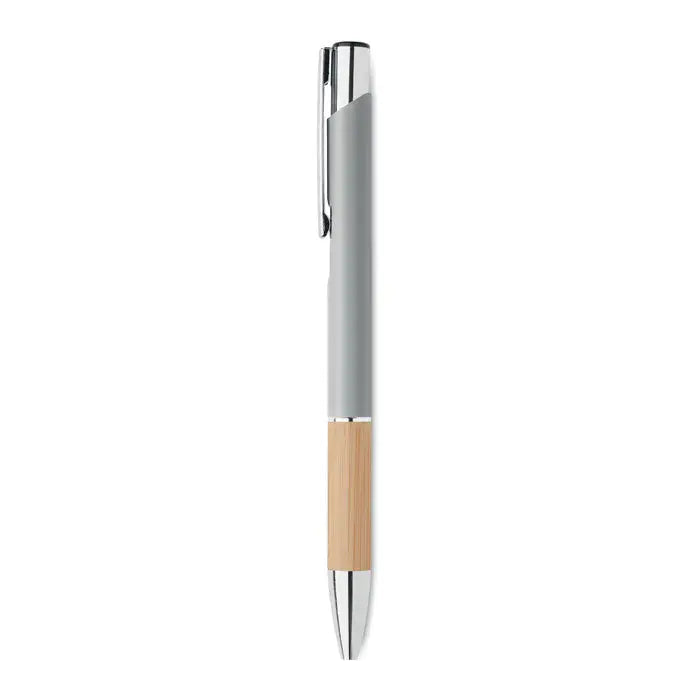 Pix din aluminiu cu buton un pix elegant gri si bambus cu accente metalice argintii pentru folosire zilnica