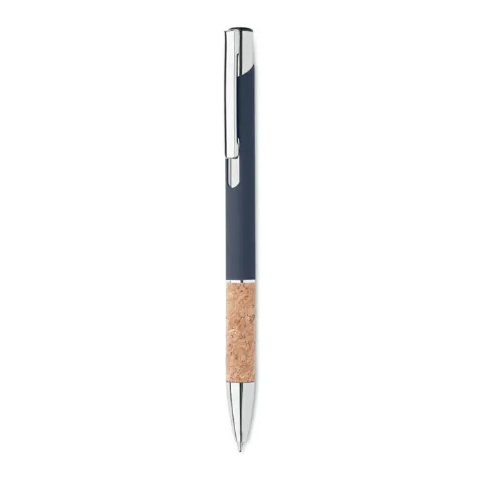 Pix din aluminiu cu buton navy blue si argintiu cu grip texturat din plută pentru scris confortabil