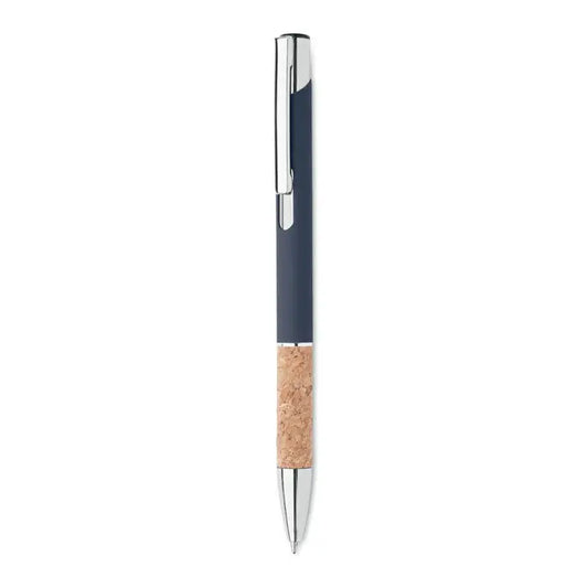 Pix din aluminiu cu buton navy blue si argintiu cu grip texturat din plută pentru scris confortabil