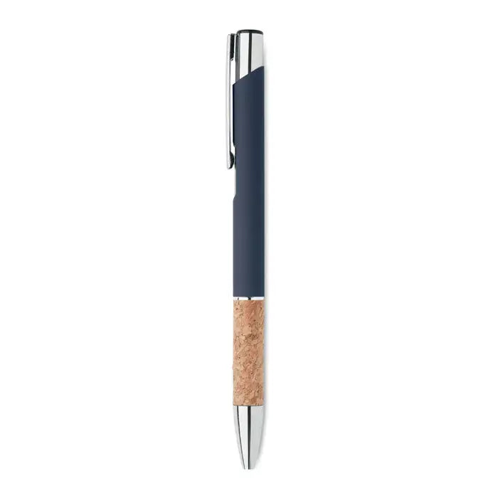 Pix din aluminiu navy blue cu grip din plută și parte argintie cu buton pentru scris elegant