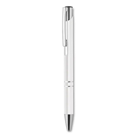 Pix din aluminiu cu buton argintiu si alb, pix cu pix cu grip texturat si clema metalica