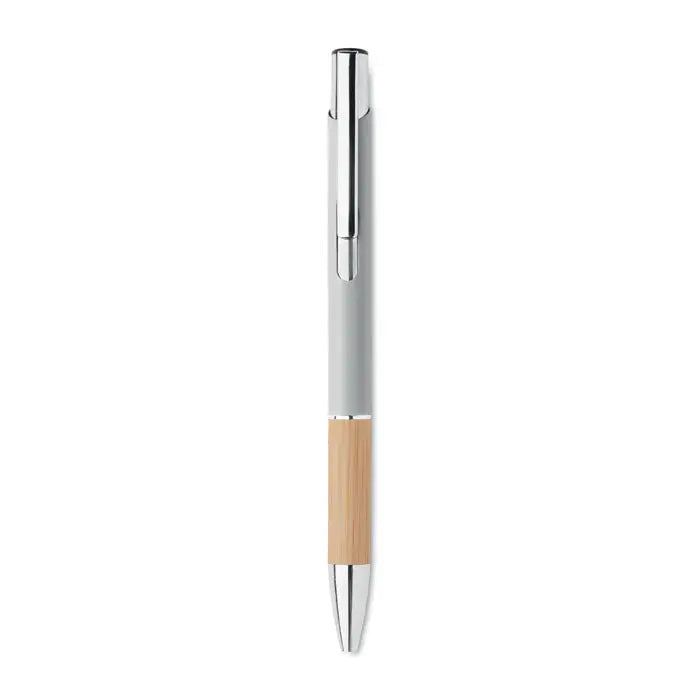 Pix din aluminiu cu buton argintiu si textura lemn usoara cu clips metalic stilou cu bila elegant