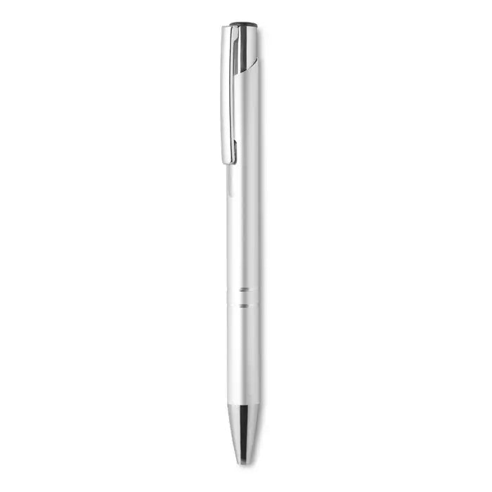 Pix din aluminiu cu buton si design minimalist argintiu cu striatii fine orizontale lânga zona de prindere