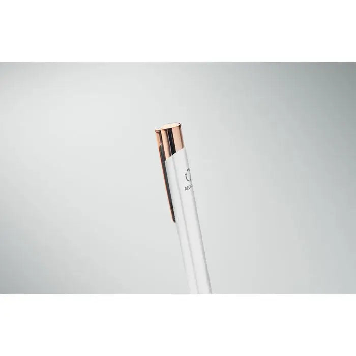 Pix din aluminiu reciclat alb cu capac si clips rose gold si branding minimalist
