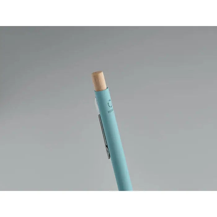 Pix din aluminiu reciclat albastru deschis cu capac din lemn natural si clips metalic, stilou elegant