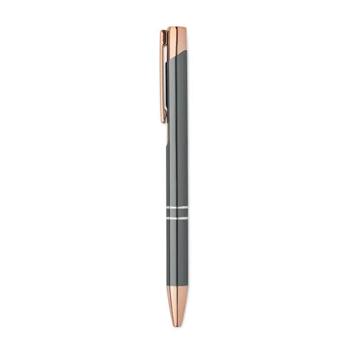 Pix din aluminiu reciclat cu corp mat gri si accente rose gold la capac, clips si varf, stil pix modern