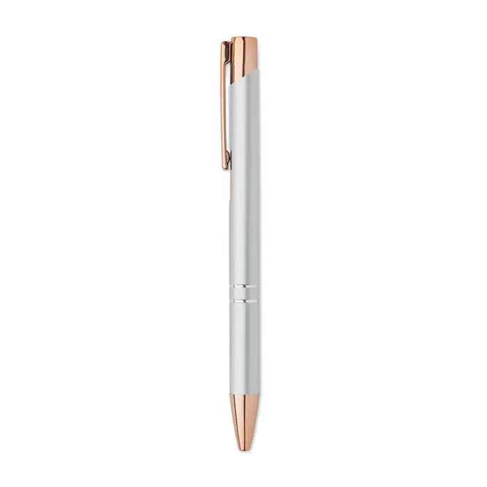 Pix din aluminiu reciclat cu design elegant argintiu si accente roz auriu pe clips, capac si varf
