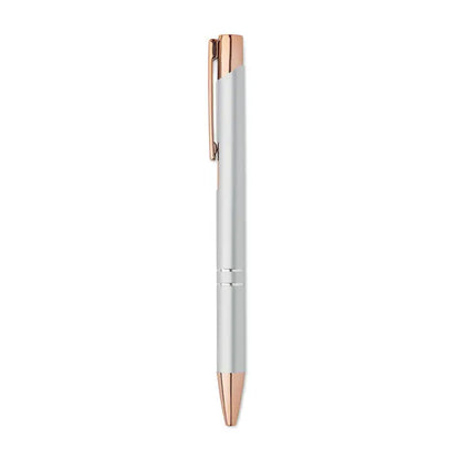 Pix din aluminiu reciclat cu design elegant argintiu si accente roz auriu pe clips, capac si varf