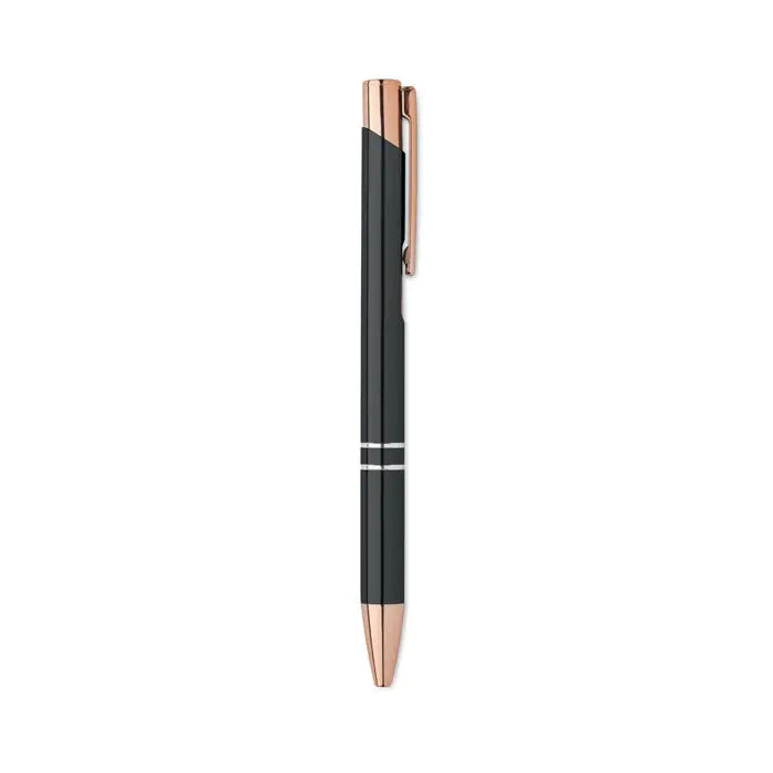 Pix din aluminiu reciclat tip pix cu bila negru si rose gold, design modern si elegant
