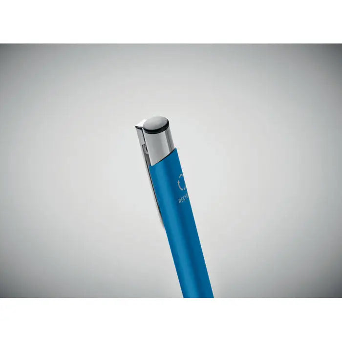 Pix din aluminiu reciclat albastru metalizat cu clips si capac argintiu pentru scris elegant