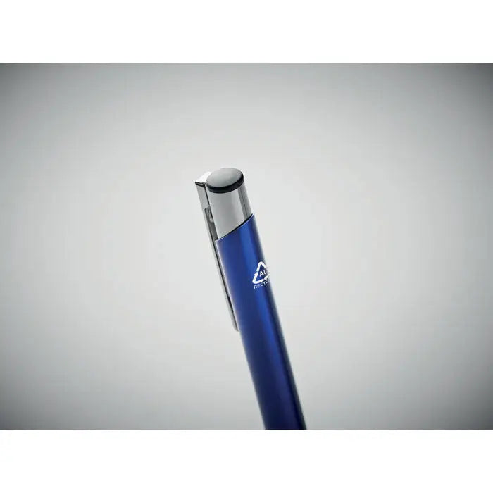 Pix din aluminiu reciclat albastru metalizat cu clipsa si capac argintii pentru uz scris