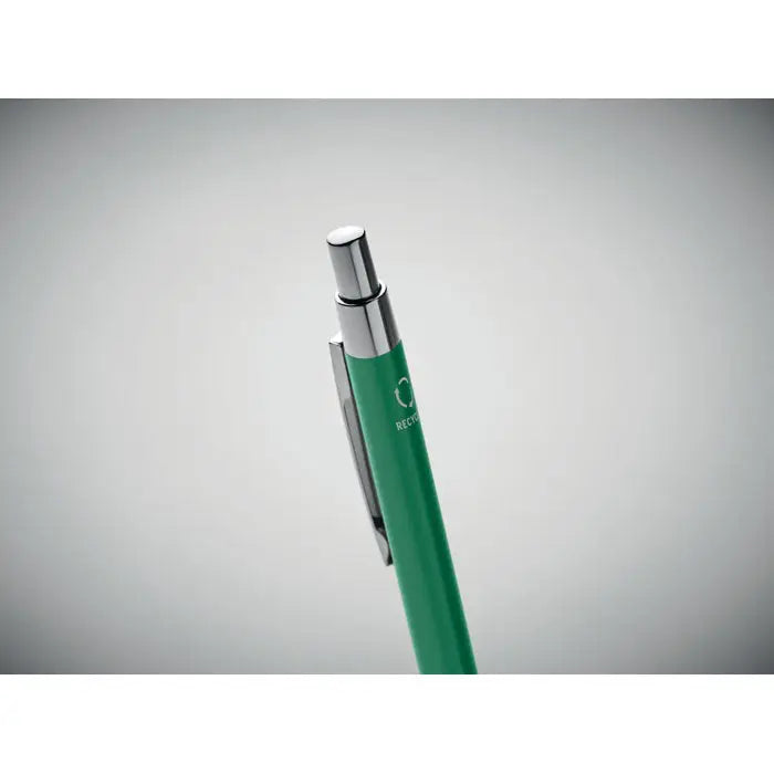 Pix din aluminiu reciclat verde metalic cu clapă și capac argintiu ideal pentru scris