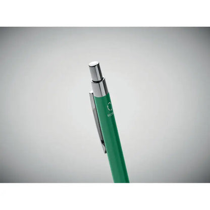 Pix din aluminiu reciclat verde metalic cu clapă și capac argintiu ideal pentru scris