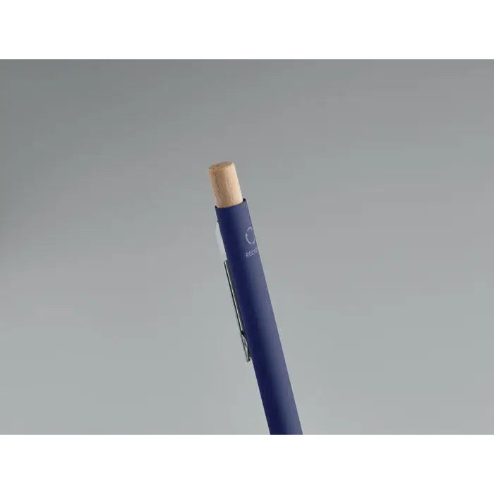 Pix din aluminiu reciclat cu corp albastru închis, capac de radier lemnos și clemă metalică