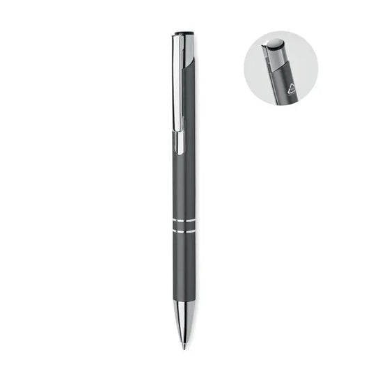 Pix din aluminiu reciclat cu corp metalic gri închis și clips argintiu lustruit pentru scris elegant