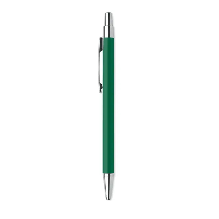 Pix din aluminiu reciclat verde cu mecanism de varf si clip metalic argintiu pentru scris