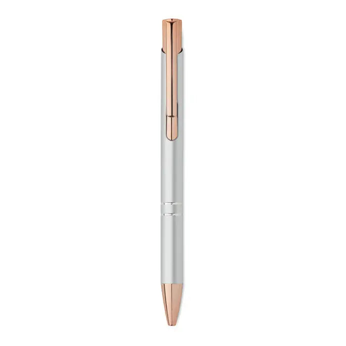 Pix din aluminiu reciclat argintiu si auriu roz cu design minimalist si varf tip pix cu bila
