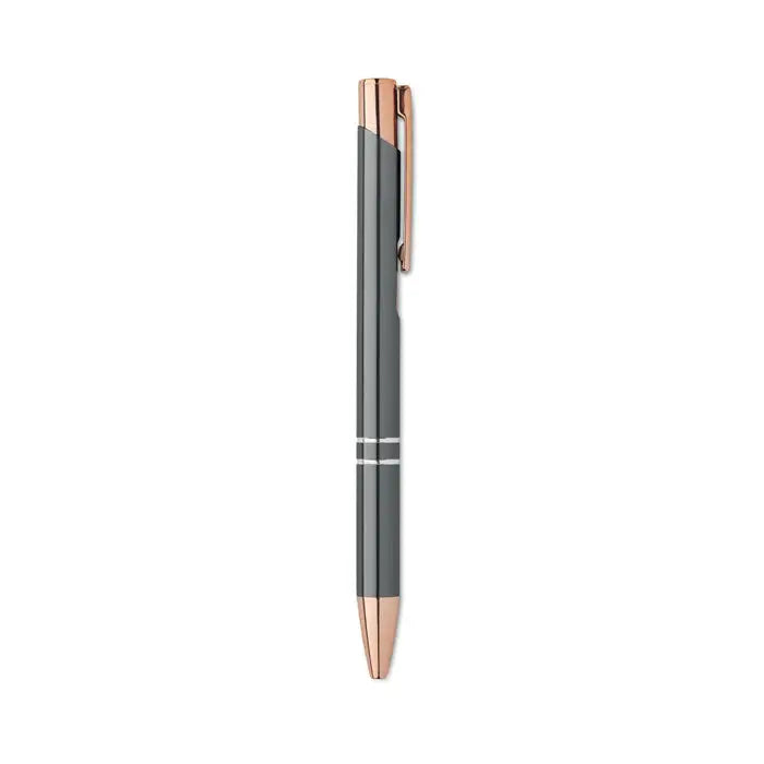 Pix din aluminiu reciclat cu design elegant gri si rose gold, stilou cu clips metalic si doua benzi argintii