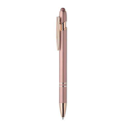 Stylus metalic roz auriu din aluminiu reciclat cu design minimalist si inele argintii subtile