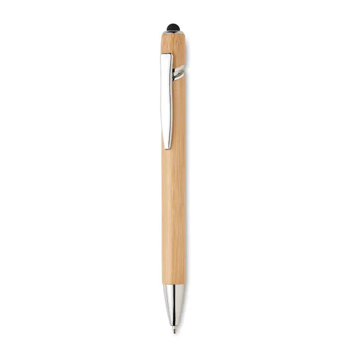 Pix din bambus este un pix elegant din bambus cu clips de metal argintiu si cap stilus negru la varf