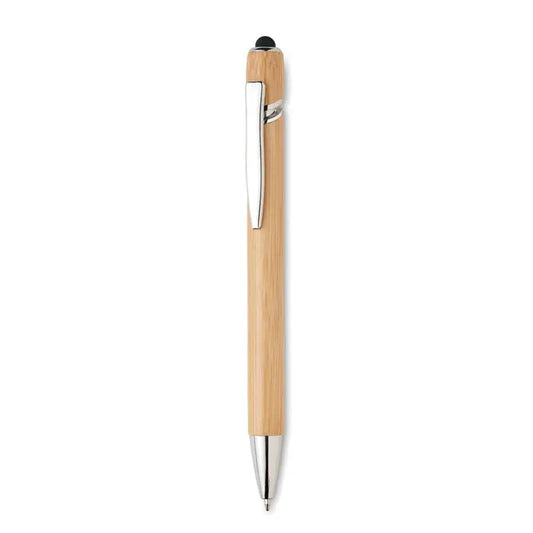 Pix din bambus este un pix elegant din bambus cu clips de metal argintiu si cap stilus negru la varf