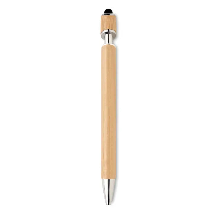 Pix din bambus stylus pen elegant cu varf si capac metalic argintiu si finisaj natural din lemn de bambus